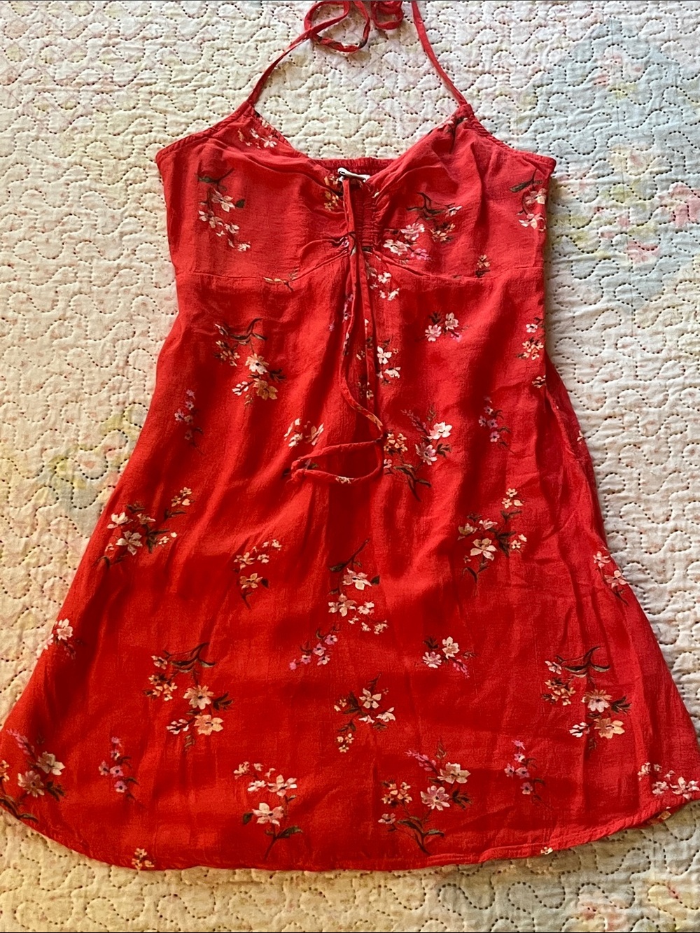 American Eagle Outfitters Red/Pink Floral Halter Mini Dress